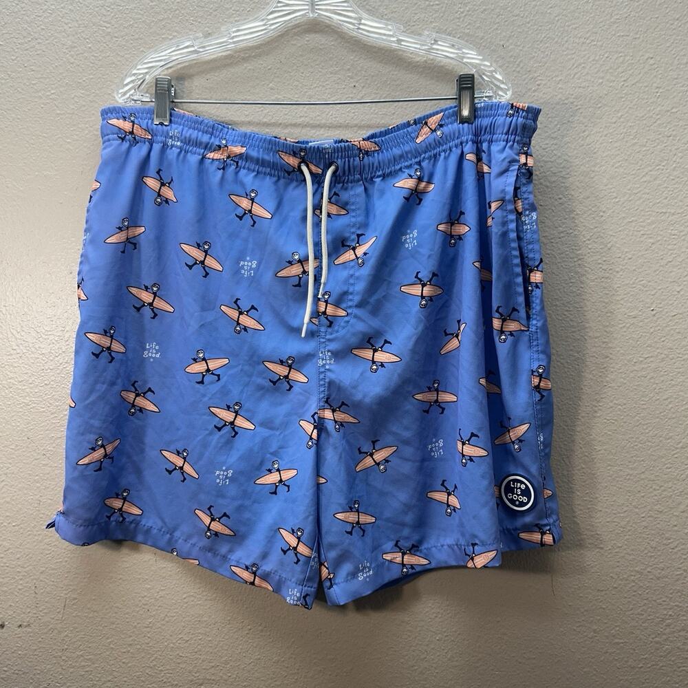 Life‎ Is Good Swim Trunks Men's L Blue Surf Board Drawstring Elastic Mesh Lined